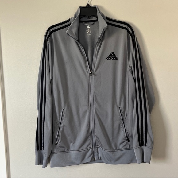 Adidas Gray-Black Track Jacket Sweatshirt Mens Medium Black Stripes No Hood - Picture 1 of 5
